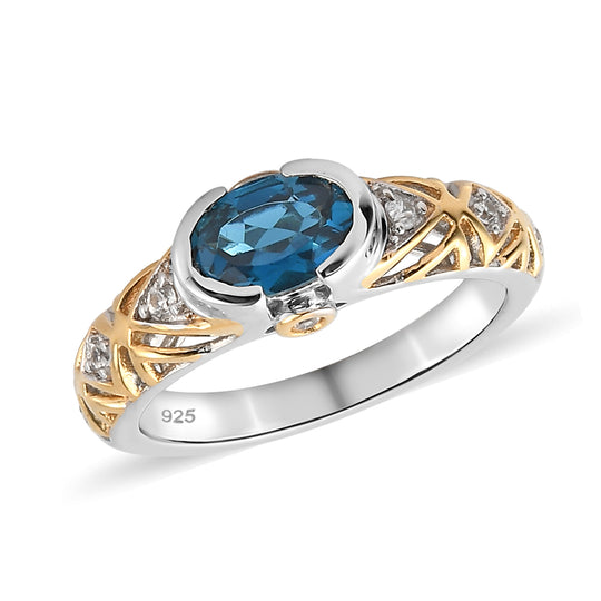 London Blau Topas und Zirkon Ring 925 Silber Bicolor ca. 0,90 ct
