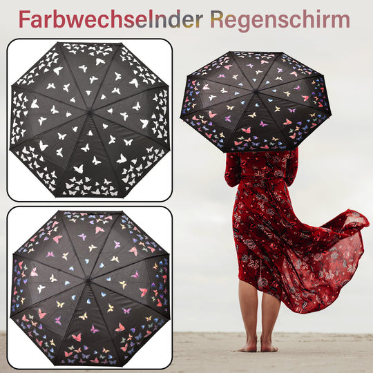 Farbwechsel-Schmetterlingsregenschirm - Farbverwandlung bei Nässe, Marineblau, Durchmesser 103 cm, Länge 25 cm,
