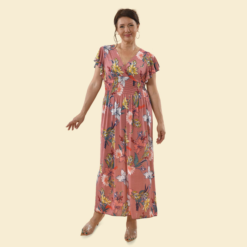TAMSY - Maxi Kleid mit gesmokter Taille und Flatterärmel, One Size, orange