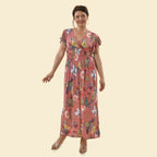 TAMSY - Maxi Kleid mit gesmokter Taille und Flatterärmel, One Size, orange