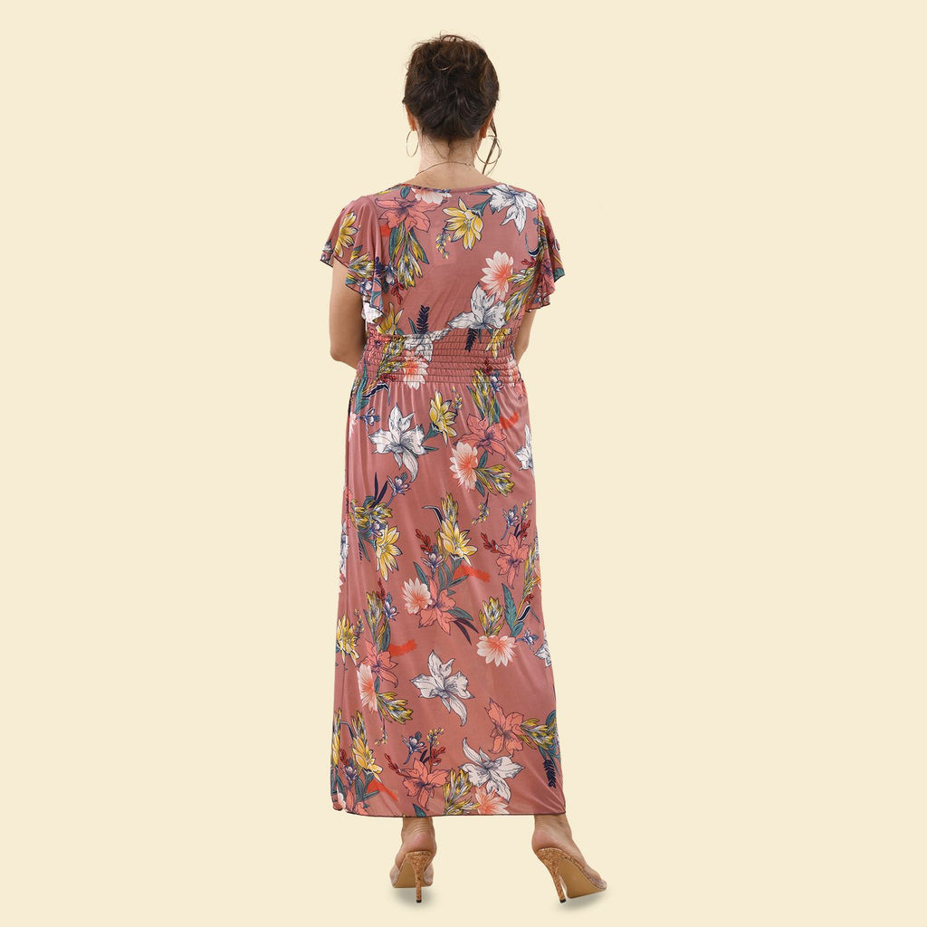 TAMSY - Maxi Kleid mit gesmokter Taille und Flatterärmel, One Size, orange