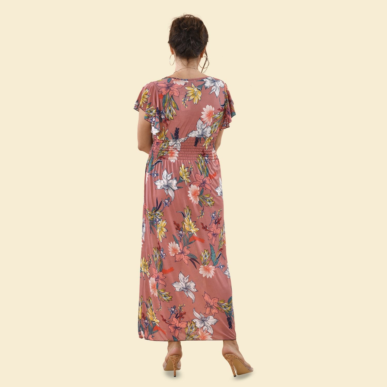 TAMSY - Maxi Kleid mit gesmokter Taille und Flatterärmel, One Size, orange
