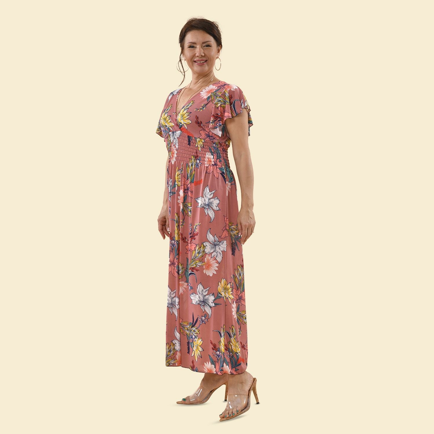 TAMSY - Maxi Kleid mit gesmokter Taille und Flatterärmel, One Size, orange