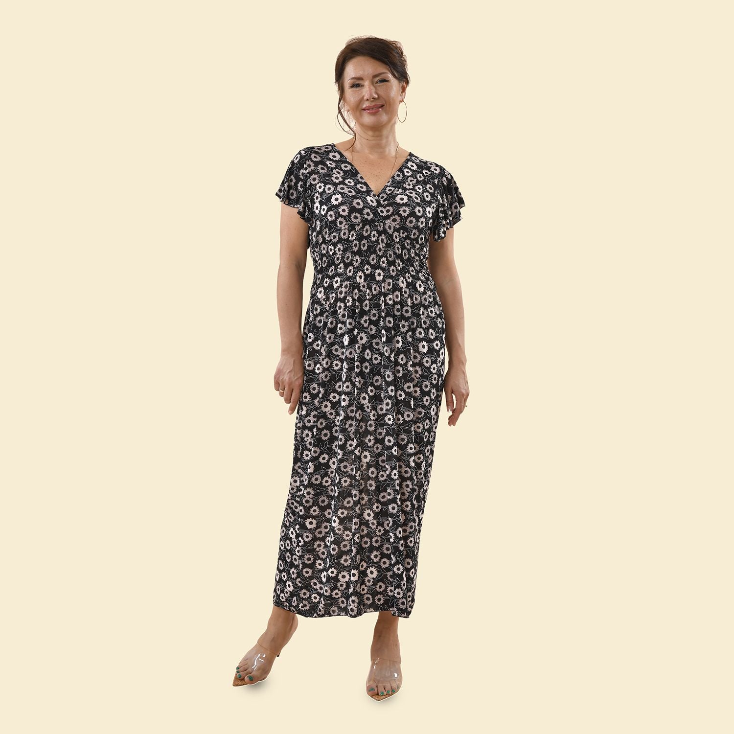 Maxikleid mit gesmokter Taille und Flatterärmeln, One Size, Schwarz