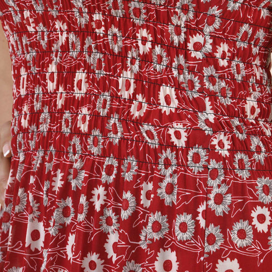 Gesmoktes Maxi-Kleid, Sommerkleid, Pfaunmuster, grün