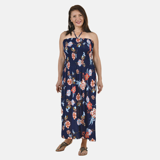 Gesmoktes Maxi-Kleid, Sommerkleid, Pfaunmuster, grün