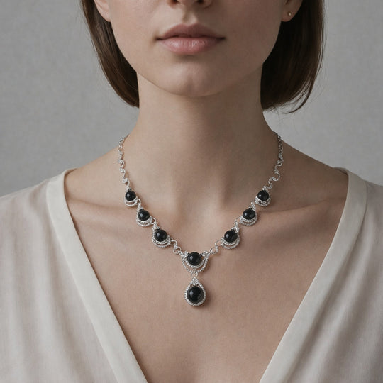 Schwarzes Obsidian, weißes Kristall Collier, ca. 50 cm + 5 cm Extender