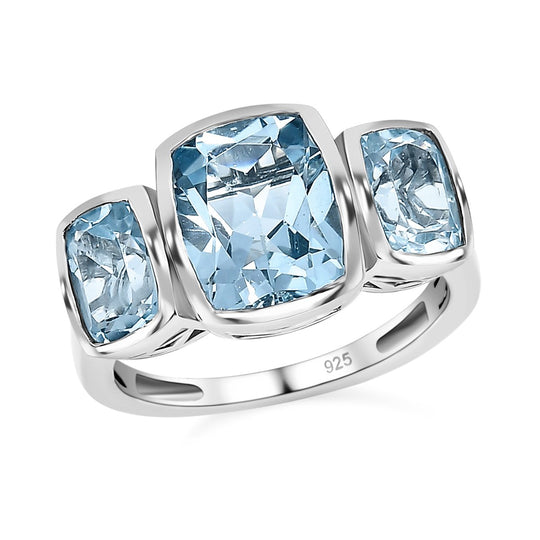 Himmelblauer Topas Ring mit Cushion Schliff, 925 Silber platiniert , ca. 5.52 ct