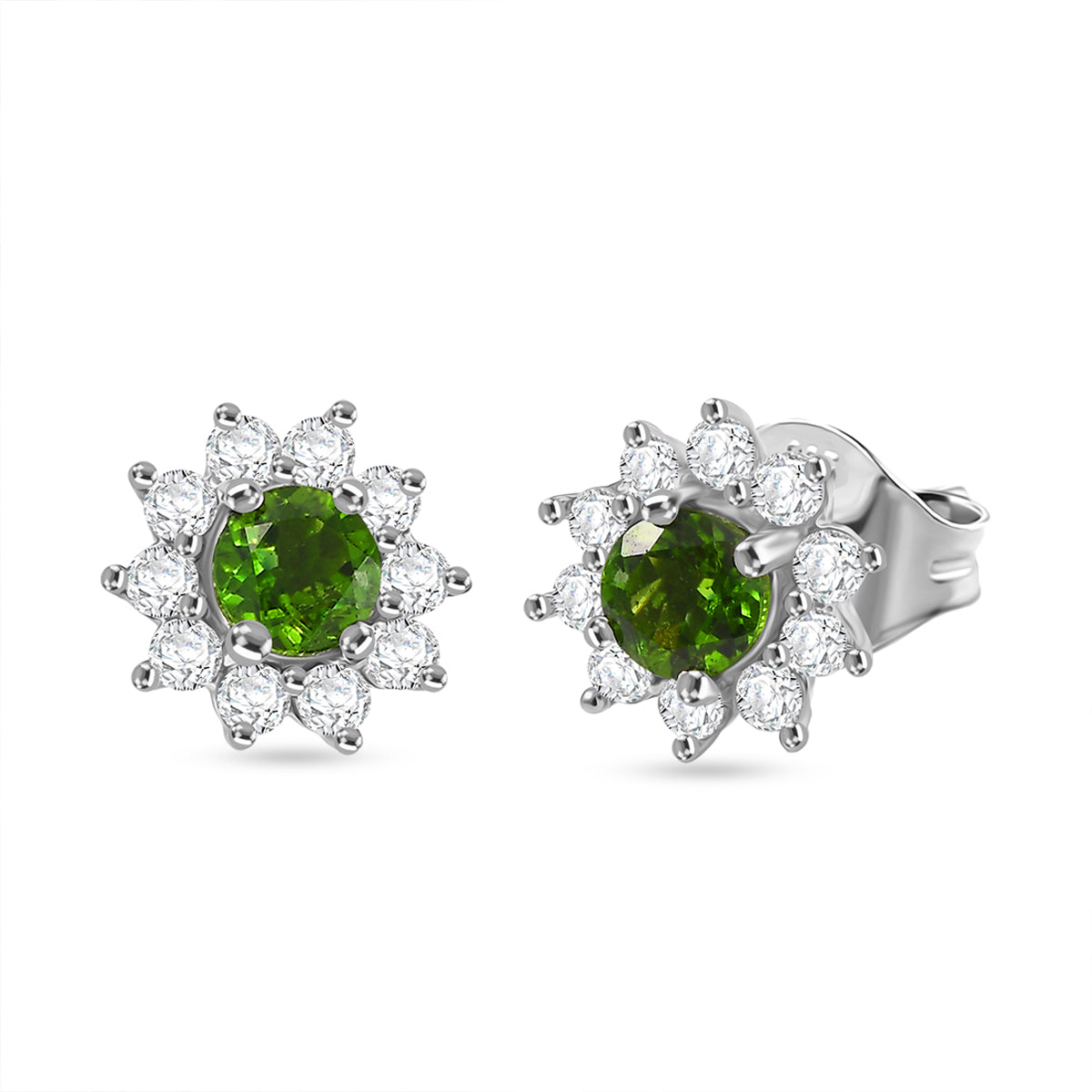 Natürlicher Chromdiopsid, Weißer Zirkon Ohrringe 925 Silber ca. 1.16 ct