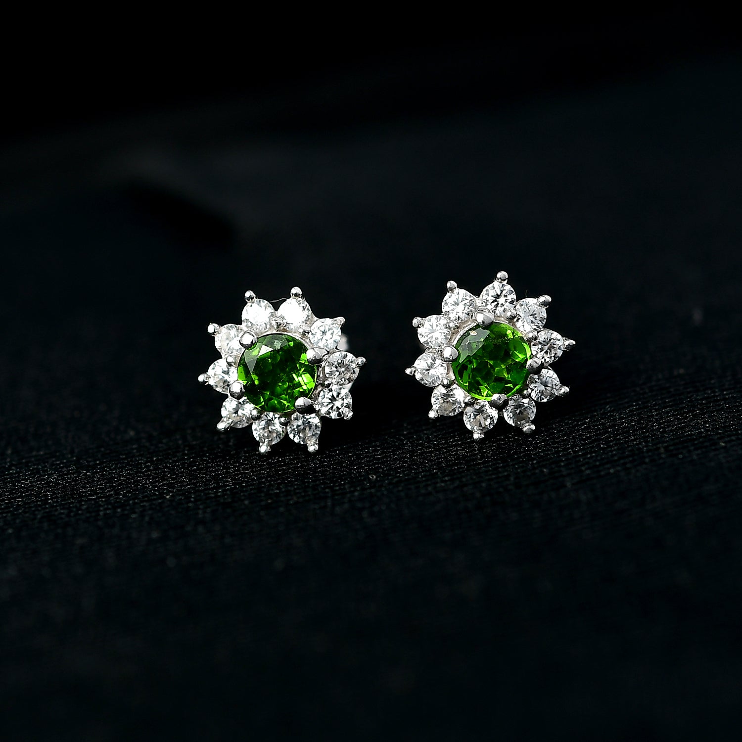 Natürlicher Chromdiopsid, Weißer Zirkon Ohrringe 925 Silber ca. 1.16 ct