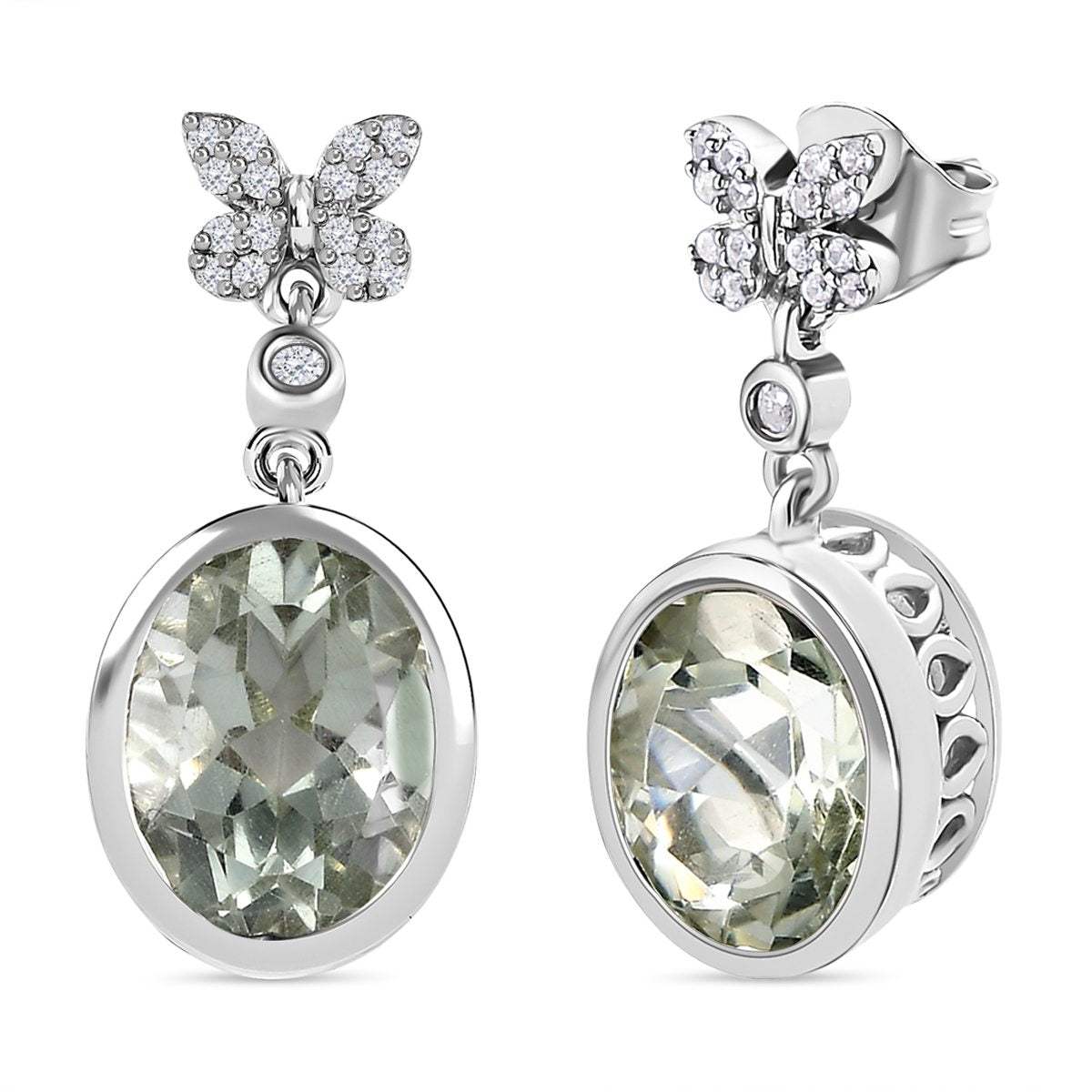 Prasiolith und weiße Zirkon Ohrringe, 925 Silber platiniert ca. 6.74 ct