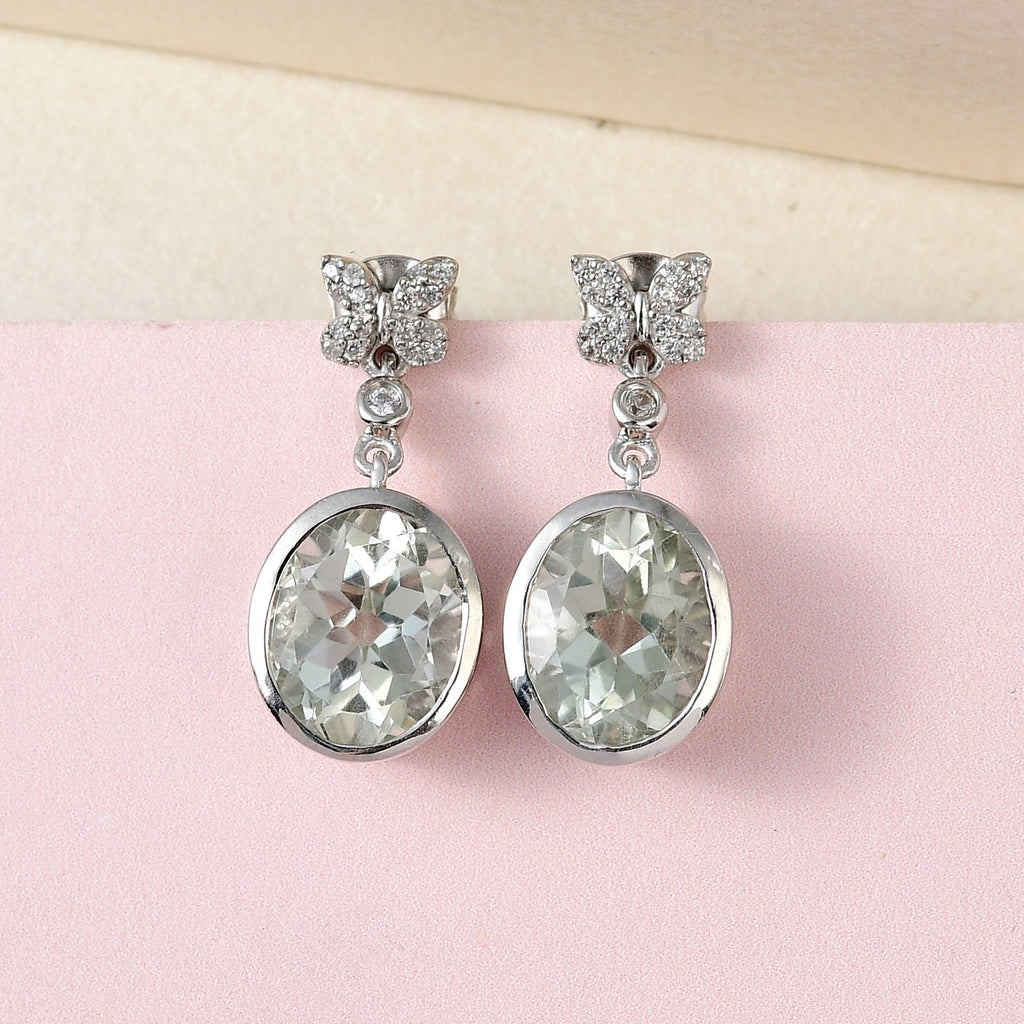 Prasiolith und weiße Zirkon Ohrringe, 925 Silber platiniert ca. 6.74 ct