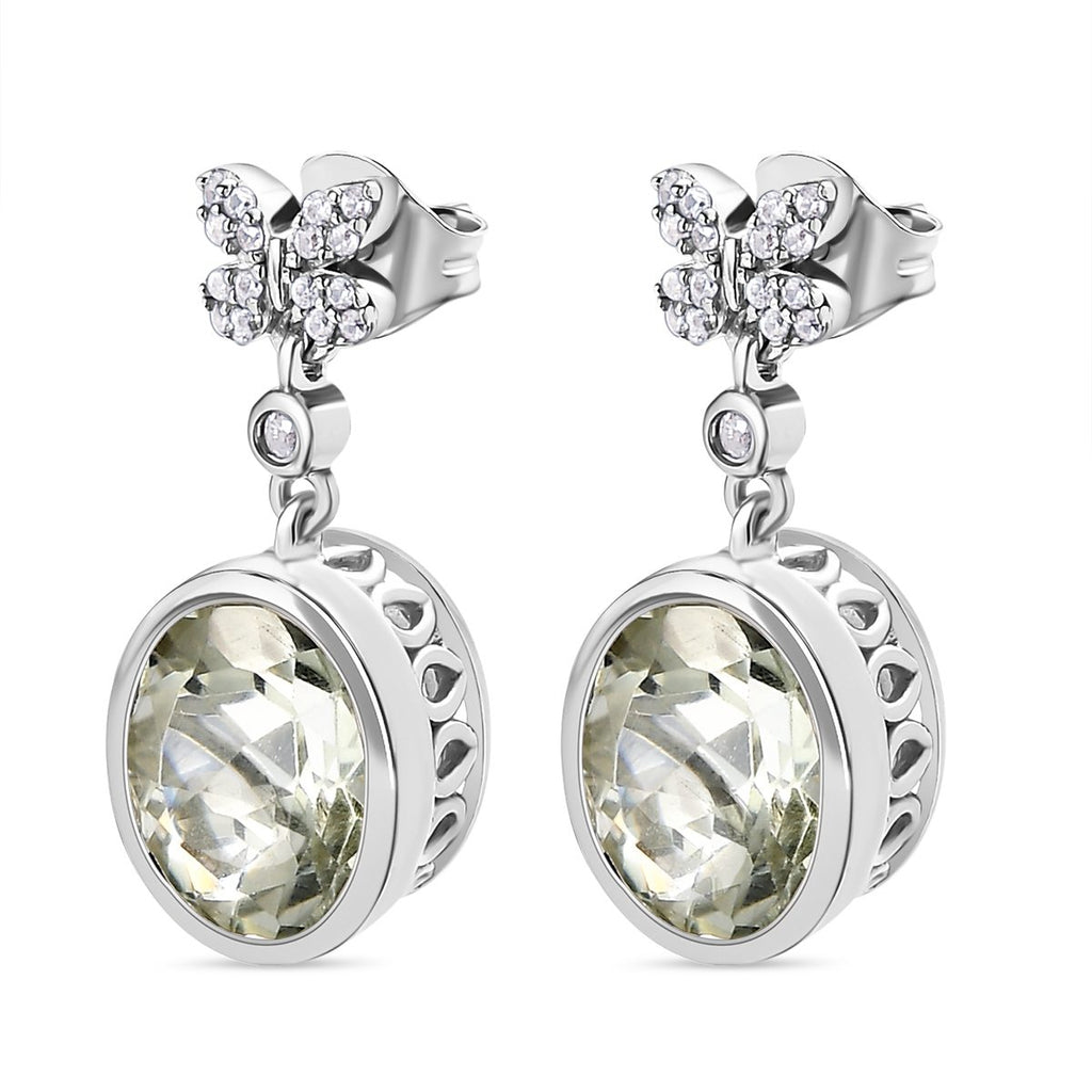 Prasiolith und weiße Zirkon Ohrringe, 925 Silber platiniert ca. 6.74 ct