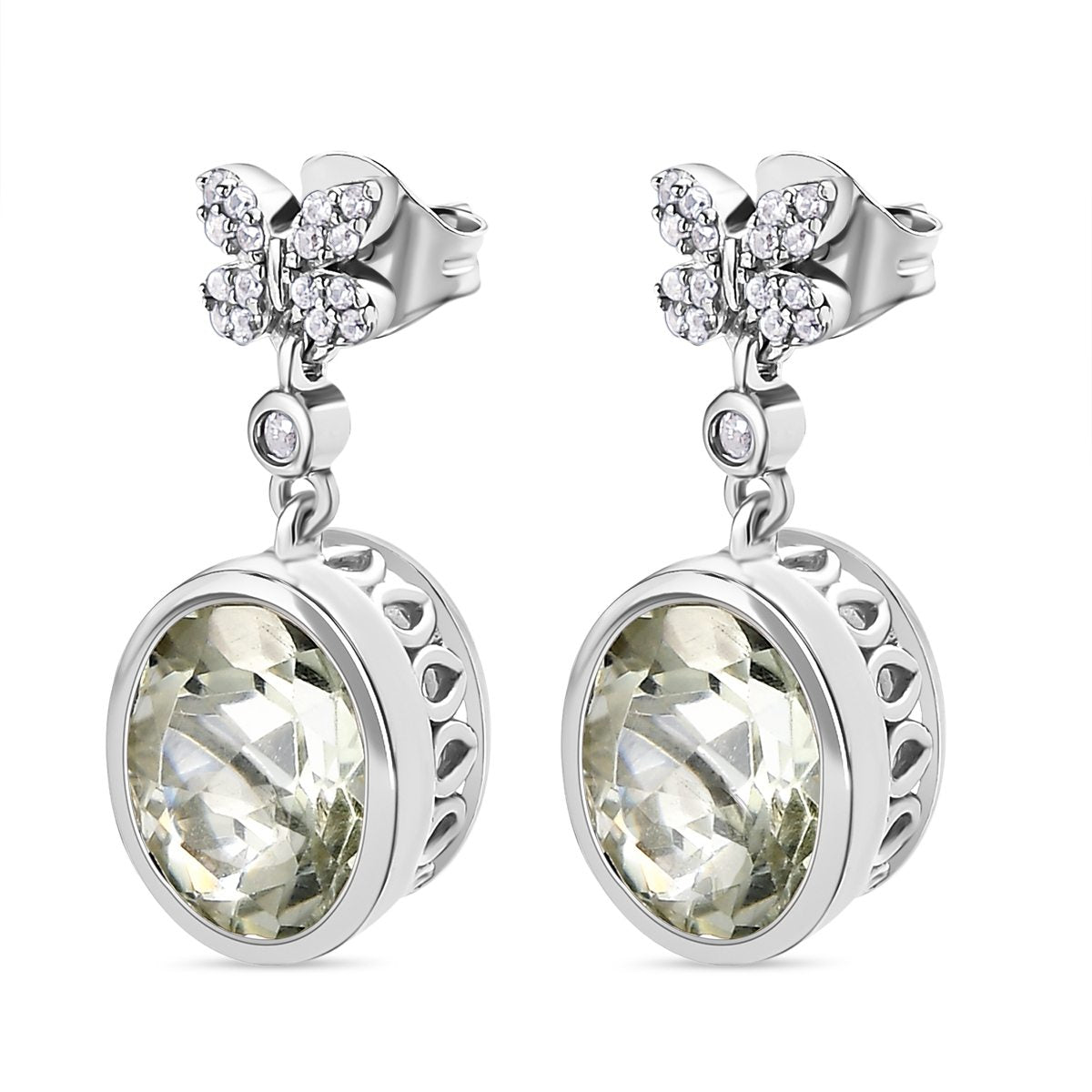 Prasiolith und weiße Zirkon Ohrringe, 925 Silber platiniert ca. 6.74 ct