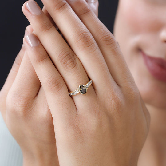 Natürlicher goldener Tansanit, weißer Zirkon Ring, 925 Silber Gelbgold Vermeil (Größe 20.00) ca. 0.99 ct