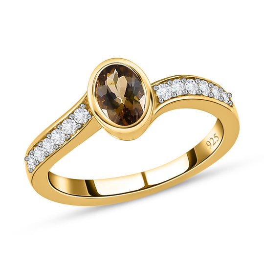 Natürlicher goldener Tansanit, weißer Zirkon Ring, 925 Silber Gelbgold Vermeil (Größe 20.00) ca. 0.99 ct