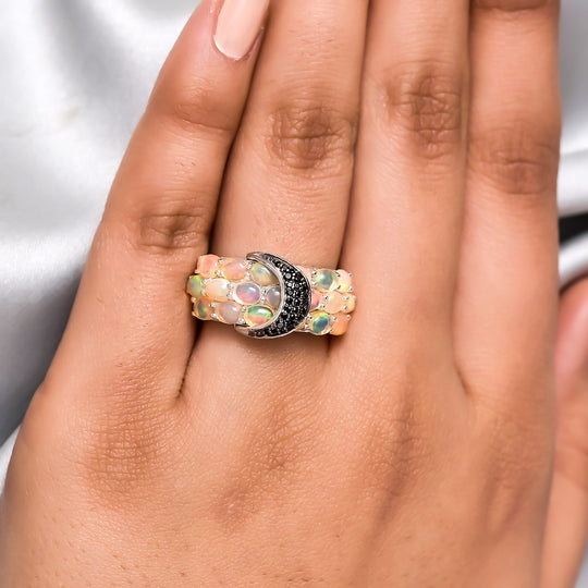 Natürlicher Äthiopischer Opal und schwarzer Spinell Ring 925 Silber platiniert