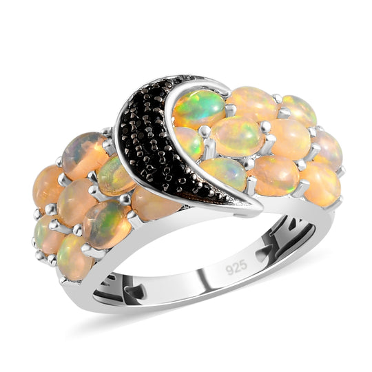 Natürlicher Äthiopischer Opal und schwarzer Spinell Ring 925 Silber platiniert