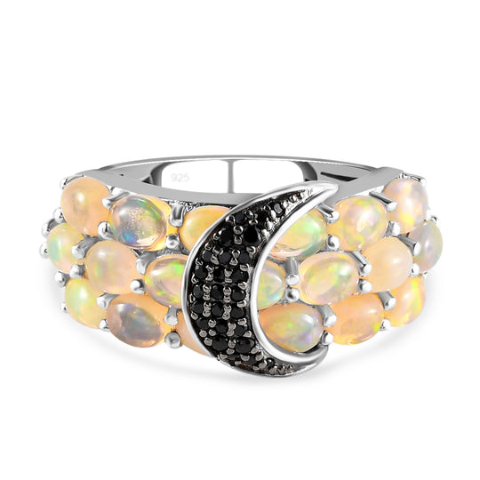 Natürlicher Äthiopischer Opal und schwarzer Spinell Ring 925 Silber platiniert