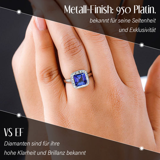 CHAIRMAN VAULT COLLECTION - RHAPSODY Asscher Schliff AAAA Tansanit und Diamant-Ring, VS E-F, 950 Platin (Größe 20.00), ca. 3,37ct