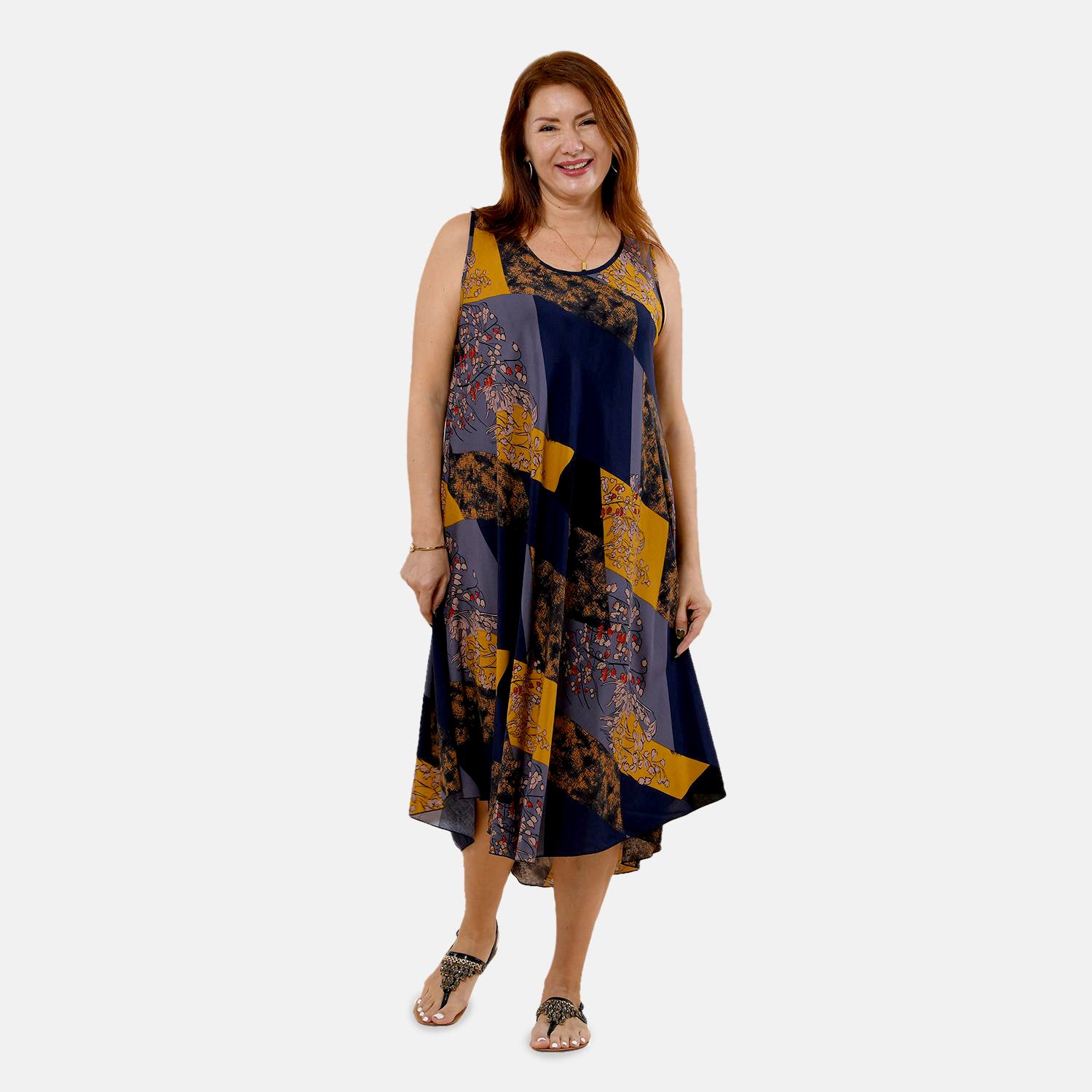 TAMSY - bedrucktes Kleid, Viskose, 60x105 cm, blau/gelb Blattmuster