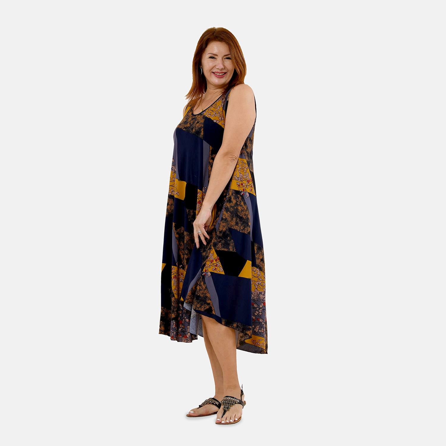 TAMSY - bedrucktes Kleid, Viskose, 60x105 cm, blau/gelb Blattmuster
