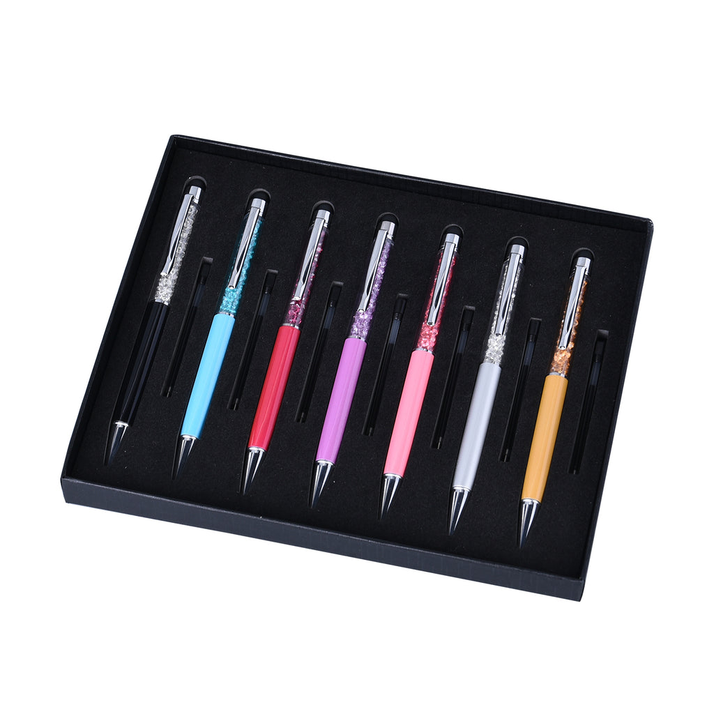 7er-Set, Kugelschreiber mit Kristallen in Geschenkbox, mit 7 Extra-Minen, schwarze Tinte, Touchscreen-Hilfe