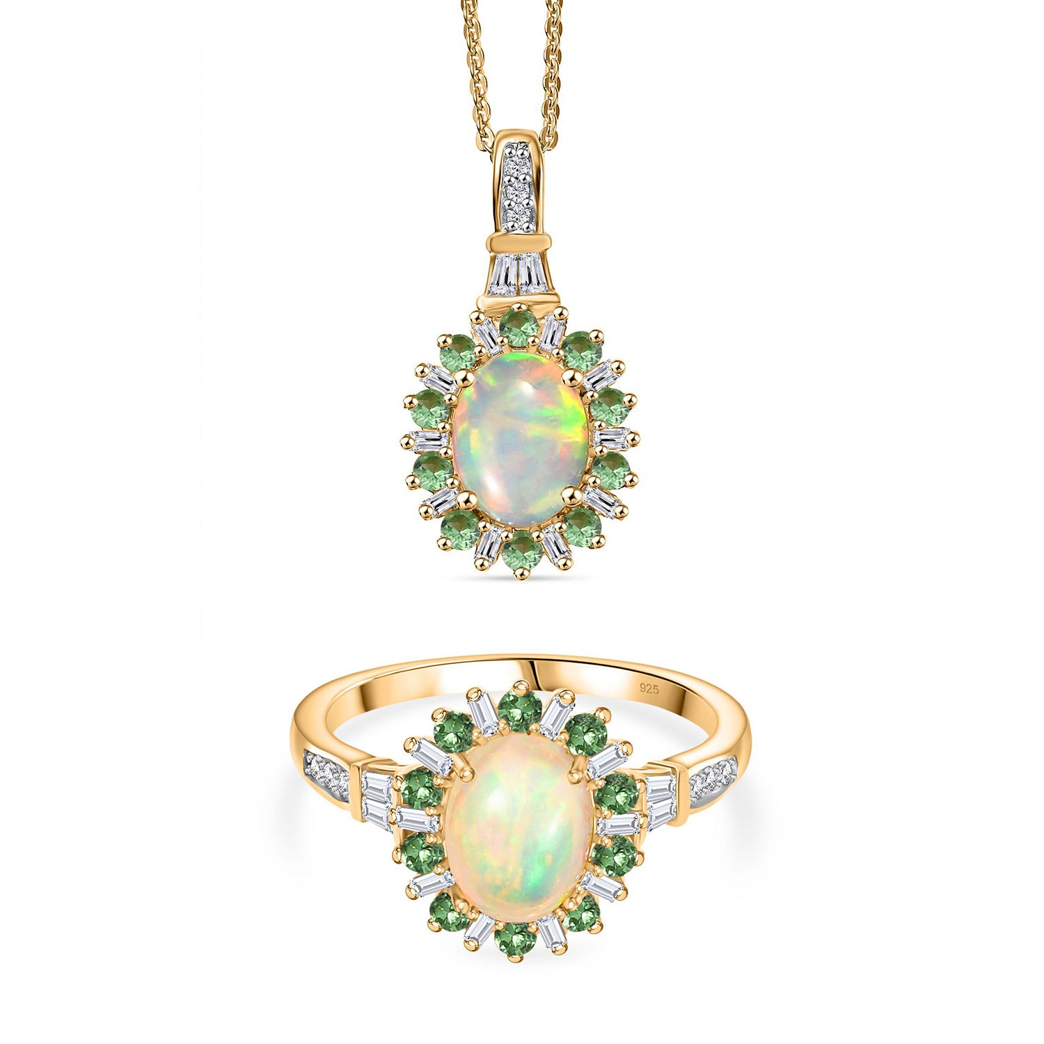 AA äthiopischer Welo Opal Tsavorit Granat und Moissanit Ring und Anhänger mit 50cm Kette