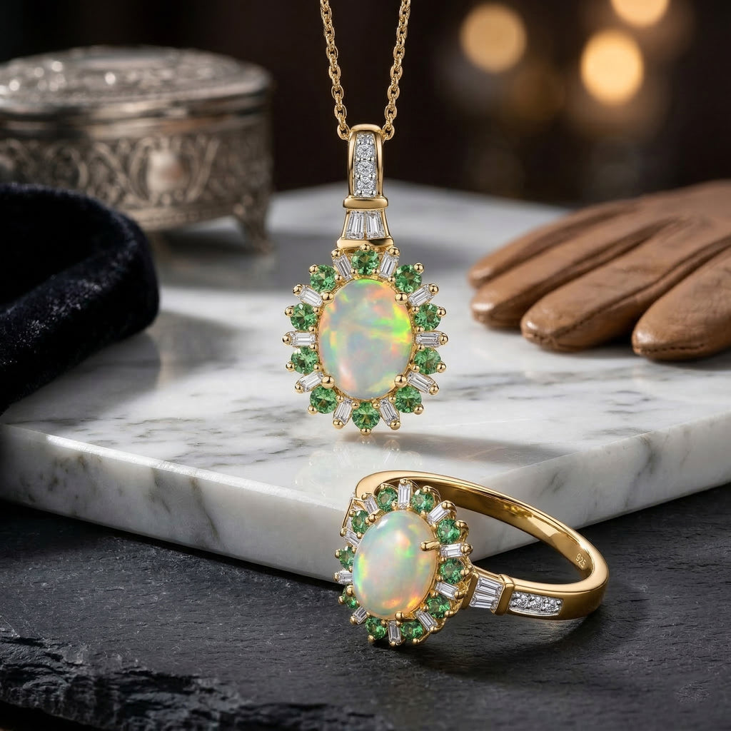 AA äthiopischer Welo Opal Tsavorit Granat und Moissanit Ring und Anhänger mit 50cm Kette