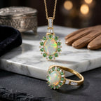 AA äthiopischer Welo Opal Tsavorit Granat und Moissanit Ring und Anhänger mit 50cm Kette