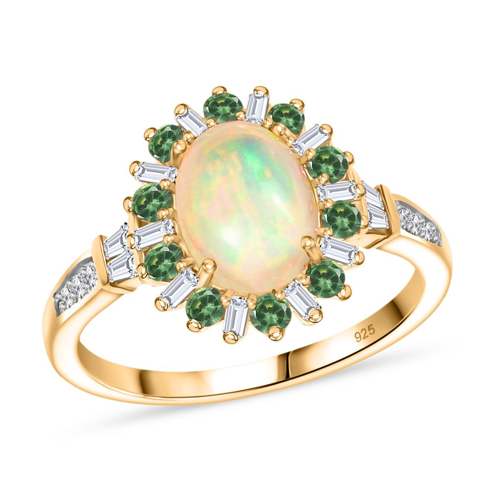 AA äthiopischer Welo Opal Tsavorit Granat und Moissanit Ring und Anhänger mit 50cm Kette