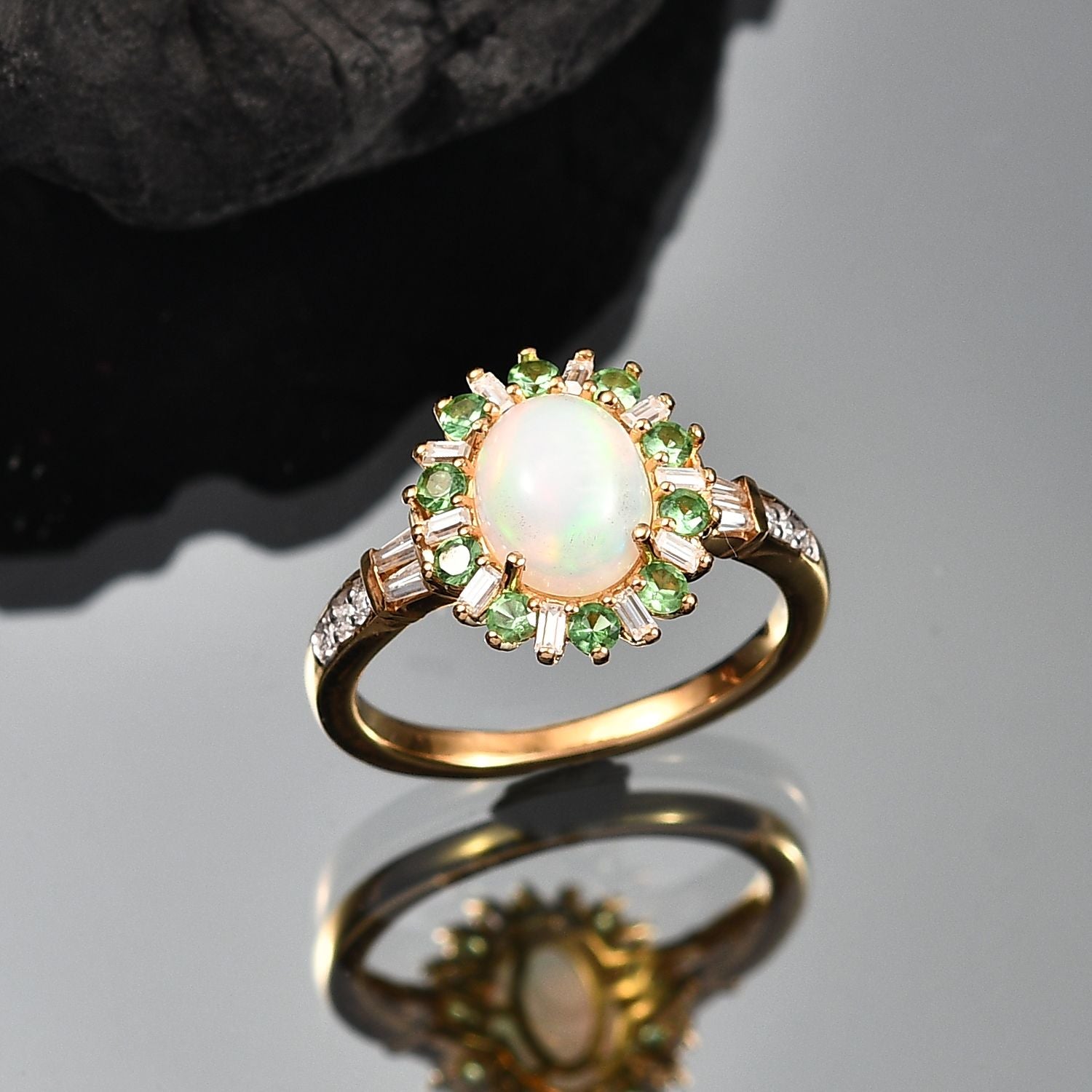 AA äthiopischer Welo Opal Tsavorit Granat und Moissanit Ring und Anhänger mit 50cm Kette