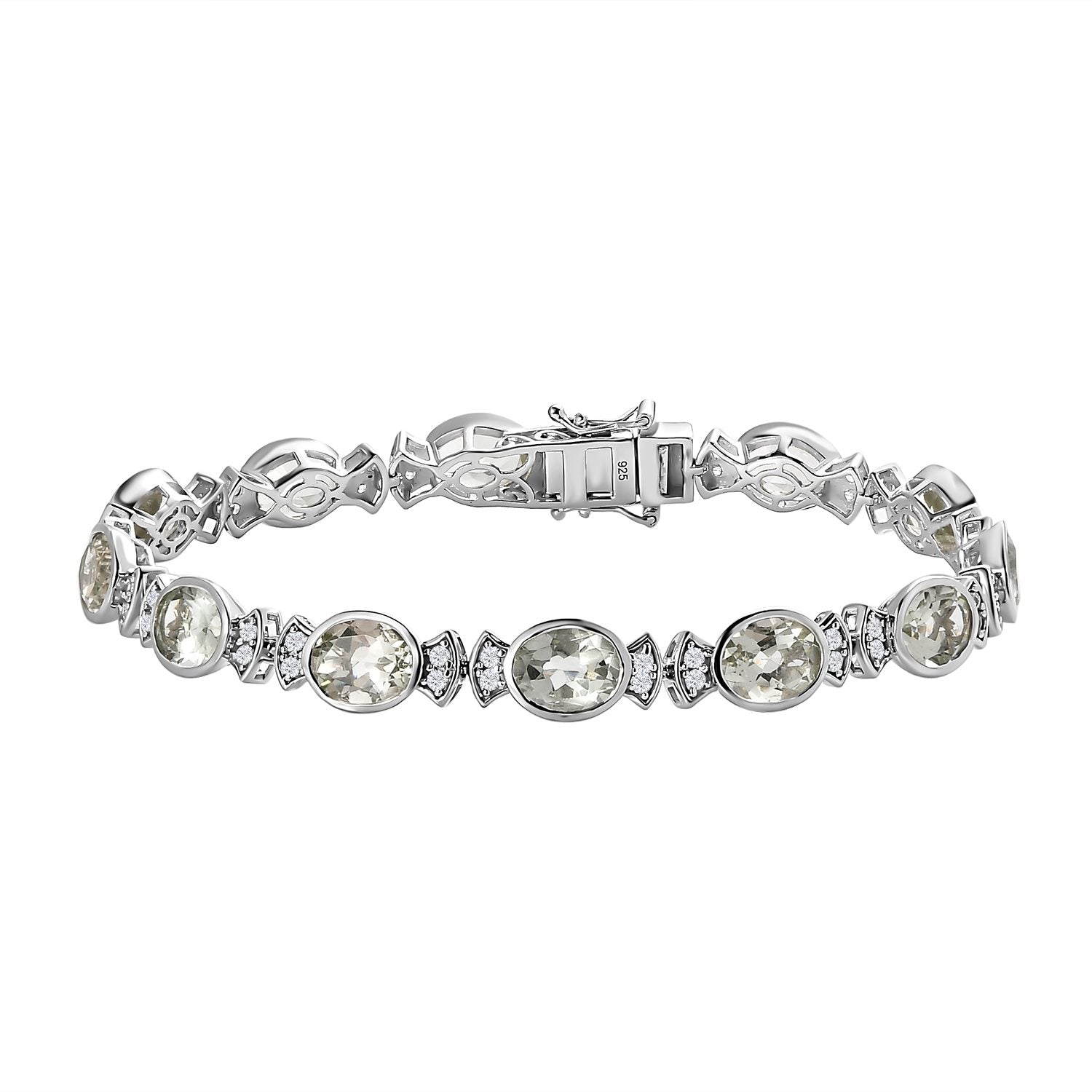 Prasiolith, weißes Zirkon Armband, ca. 20 cm, 925 Silber platiniert ca. 22,99 ct