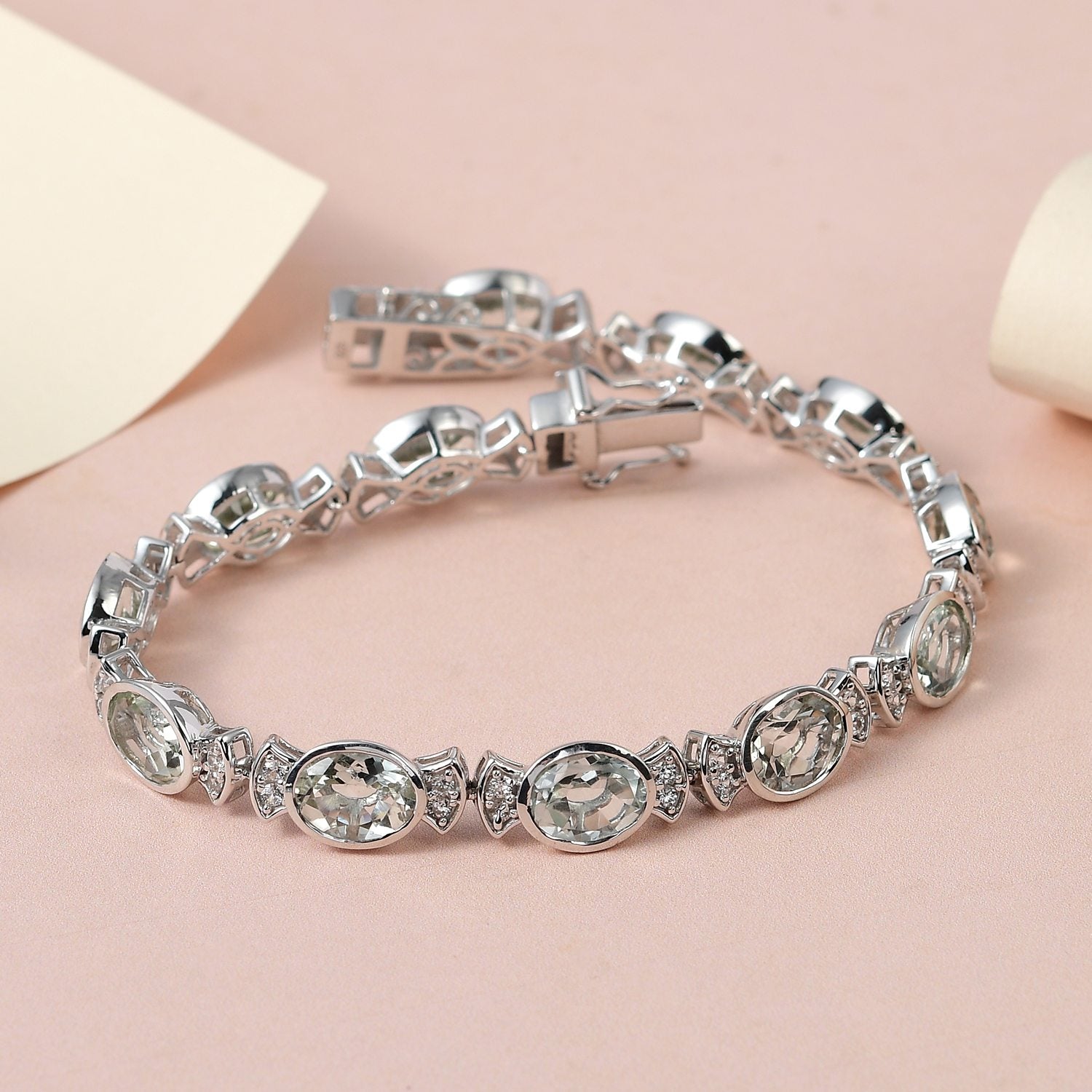 Prasiolith, weißes Zirkon Armband, ca. 20 cm, 925 Silber platiniert ca. 22,99 ct