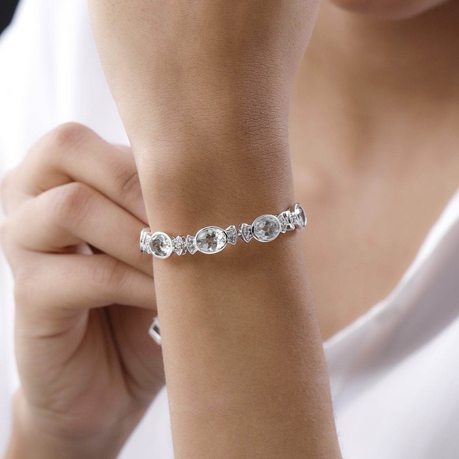 Prasiolith, weißes Zirkon Armband, ca. 20 cm, 925 Silber platiniert ca. 22,99 ct