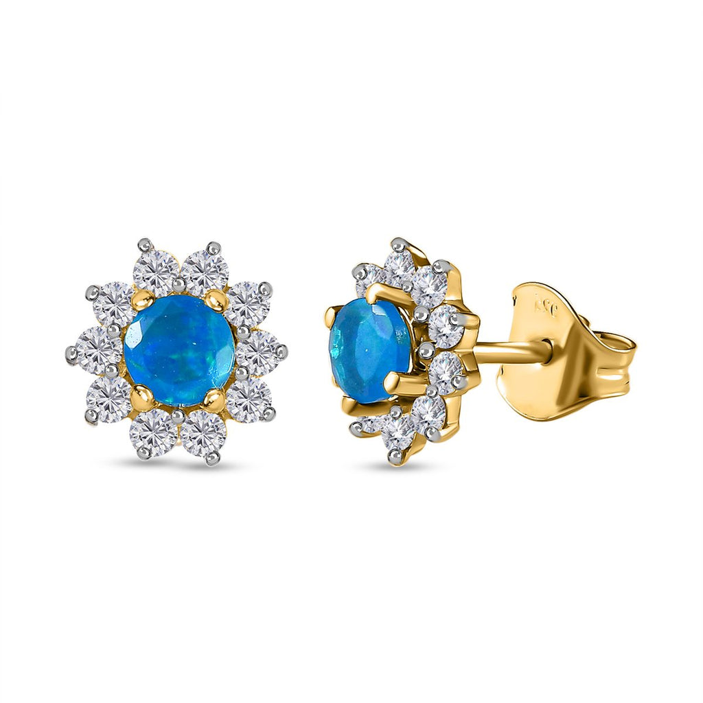 Miami Blau Welo Opal, Zirkon Ohrringe, 925 Silber vergoldet ca. 0,91 ct