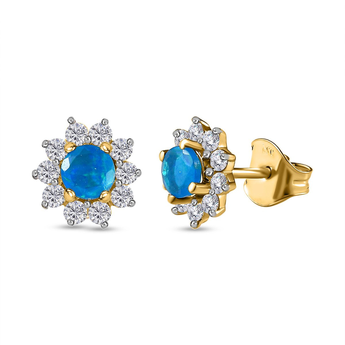 Miami Blau Welo Opal, Zirkon Ohrringe, 925 Silber vergoldet ca. 0,91 ct