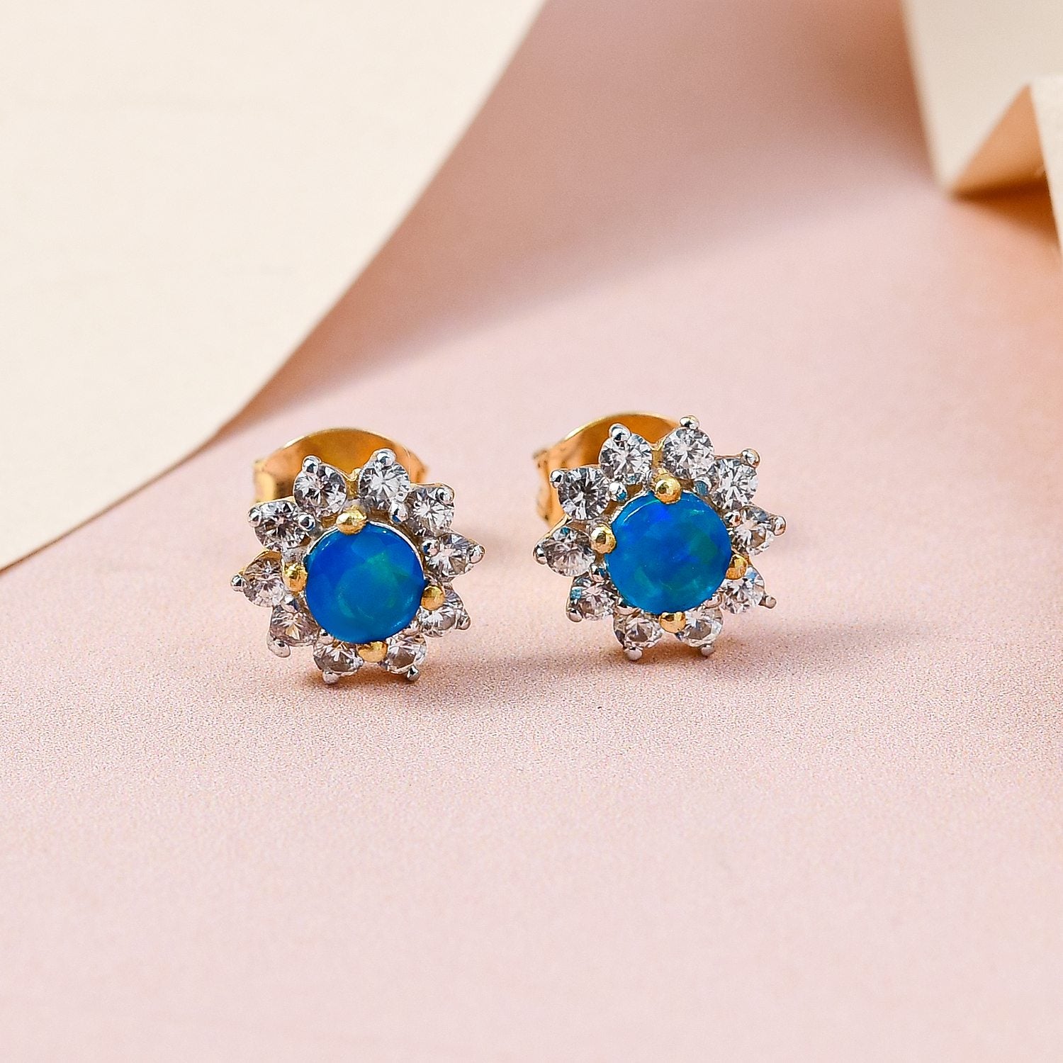 Miami Blau Welo Opal, Zirkon Ohrringe, 925 Silber vergoldet ca. 0,91 ct