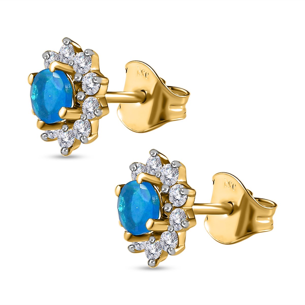 Miami Blau Welo Opal, Zirkon Ohrringe, 925 Silber vergoldet ca. 0,91 ct