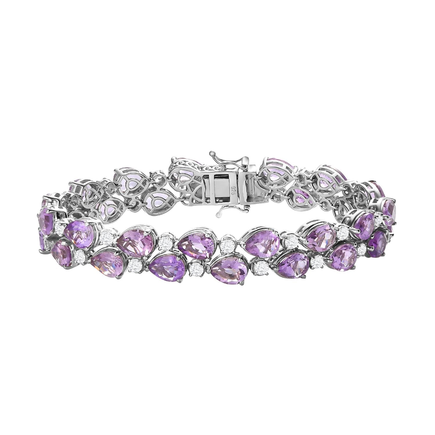 Rose De France Amethyst, Weißer Zirkon Armband ca. 20 cm 925 Silber platiniert ca. 35.93 ct