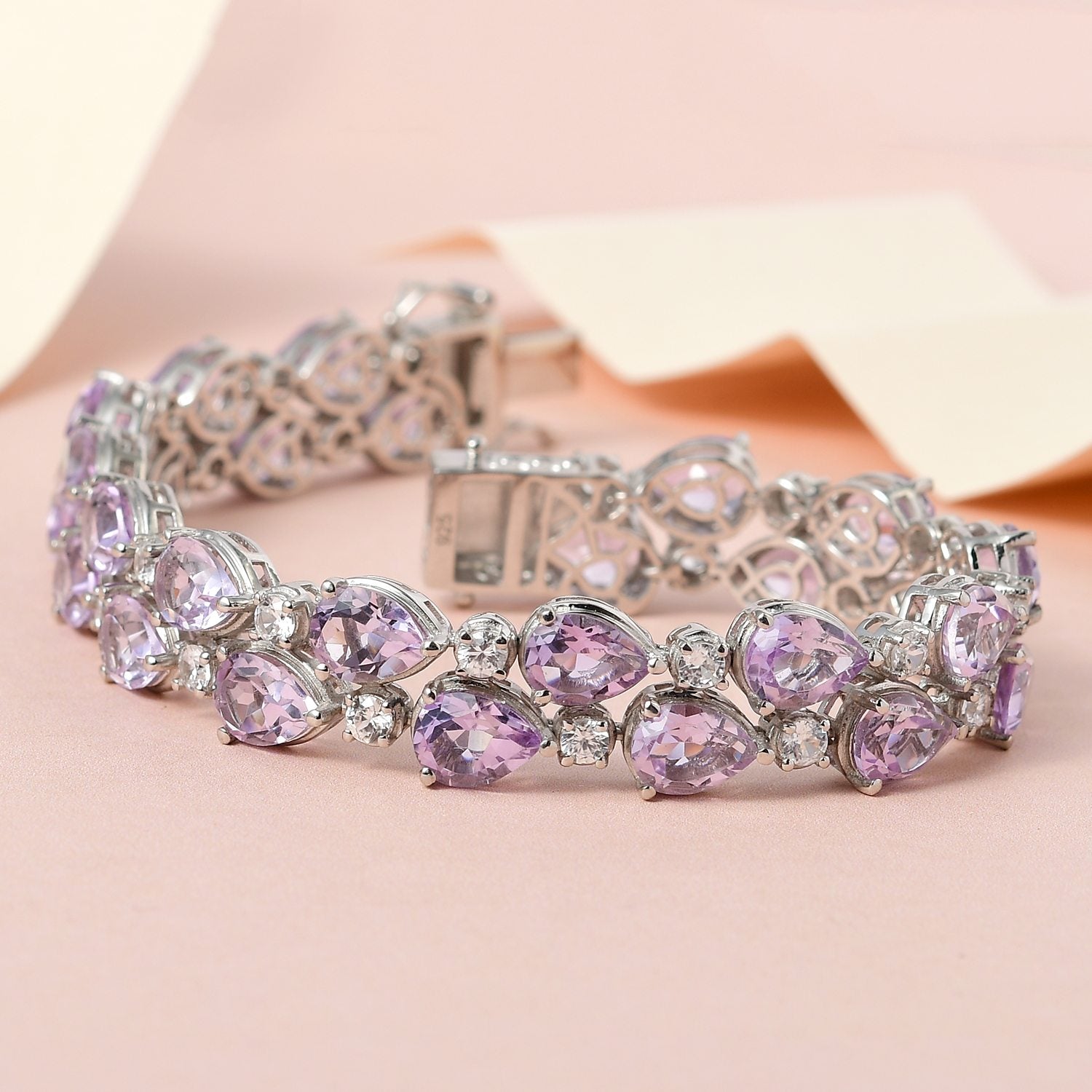 Rose De France Amethyst, Weißer Zirkon Armband ca. 20 cm 925 Silber platiniert ca. 35.93 ct