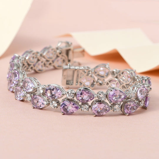 Rose De France Amethyst, Weißer Zirkon Armband ca. 20 cm 925 Silber platiniert ca. 35.93 ct