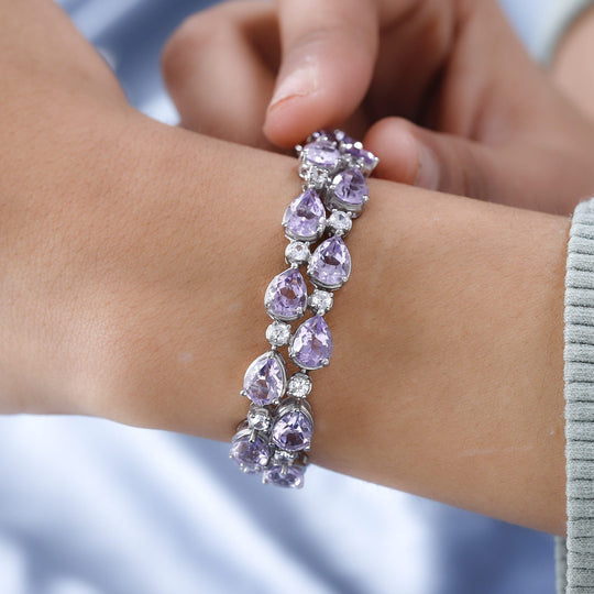Rose De France Amethyst, Weißer Zirkon Armband ca. 20 cm 925 Silber platiniert ca. 35.93 ct