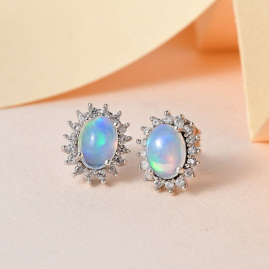 D'Joy AA Natürlicher, äthiopischer Welo Opal, Weißer Zirkon Ohrringe 925 Silber Platiniert ca. 1.96 ct
