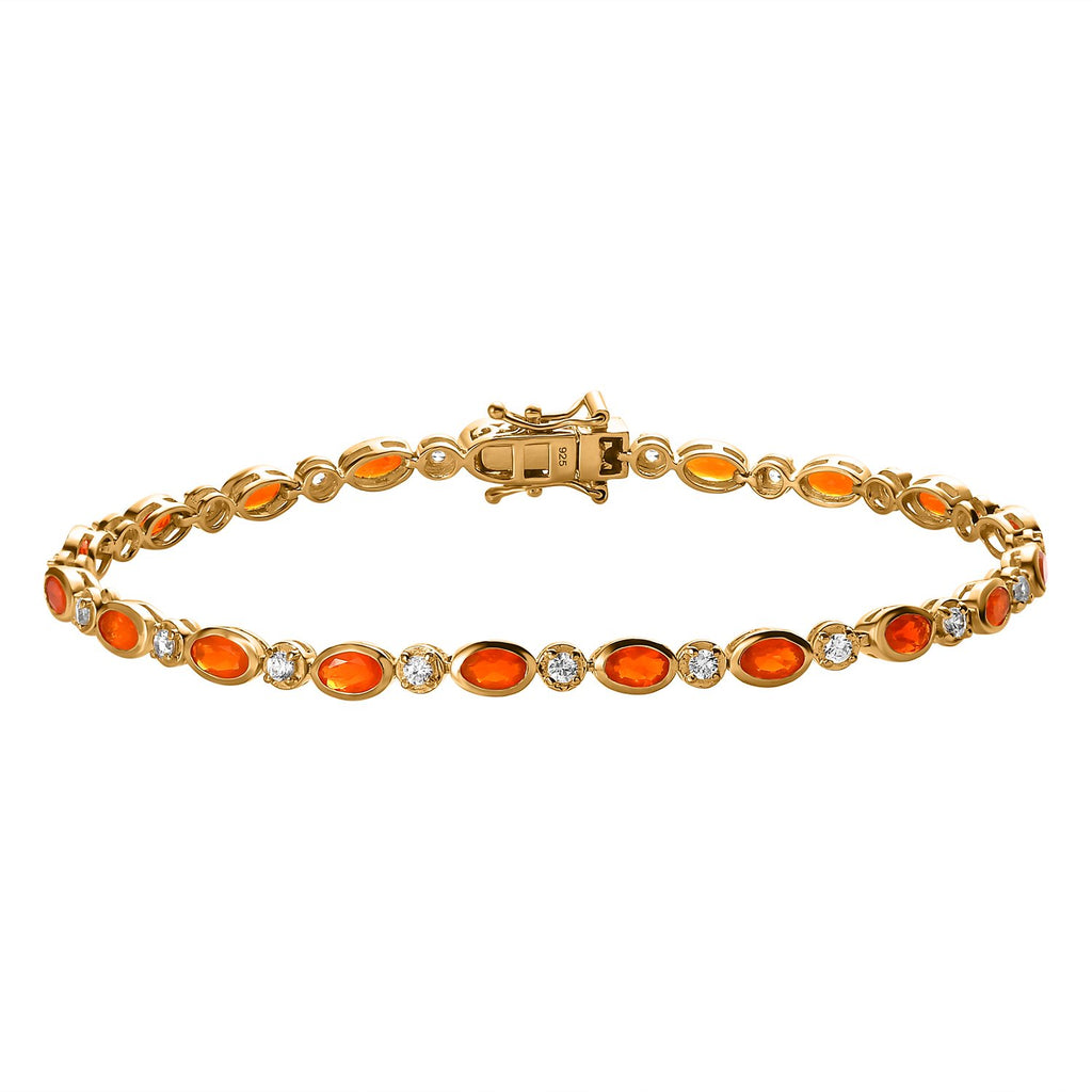AA Feueropal, weißes Zirkon Armband, ca. 20 cm, 925 Silber vergoldet ca. 4.07 ct