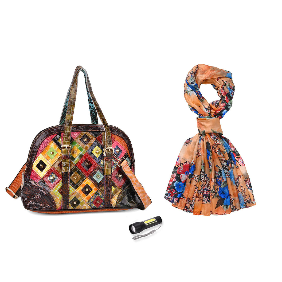 Chaos by Elsie Blumenmuster Echtleder Crossbody Tasche mit RFID-Schutz und Mini-Taschenlampe und LA MAREY Schal aus 100 % Maulbeerseide