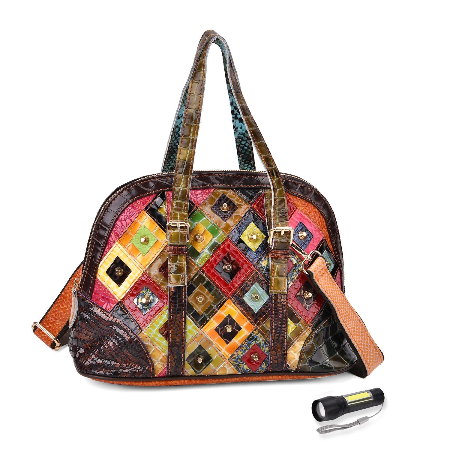 Chaos by Elsie Blumenmuster Echtleder Crossbody Tasche mit RFID-Schutz und Mini-Taschenlampe und LA MAREY Schal aus 100 % Maulbeerseide