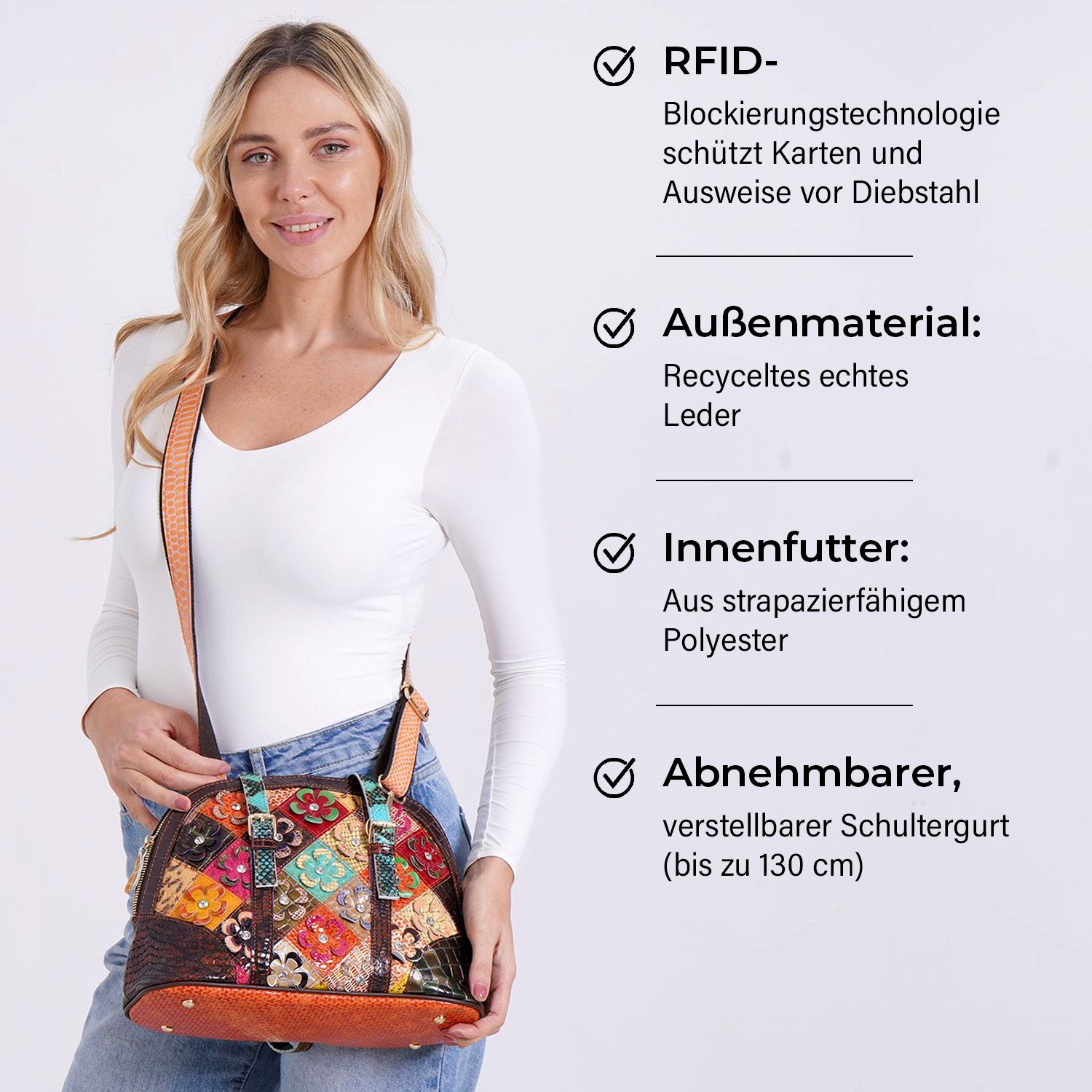 Chaos by Elsie Blumenmuster Echtleder Crossbody Tasche mit RFID-Schutz und Mini-Taschenlampe und LA MAREY Schal aus 100 % Maulbeerseide