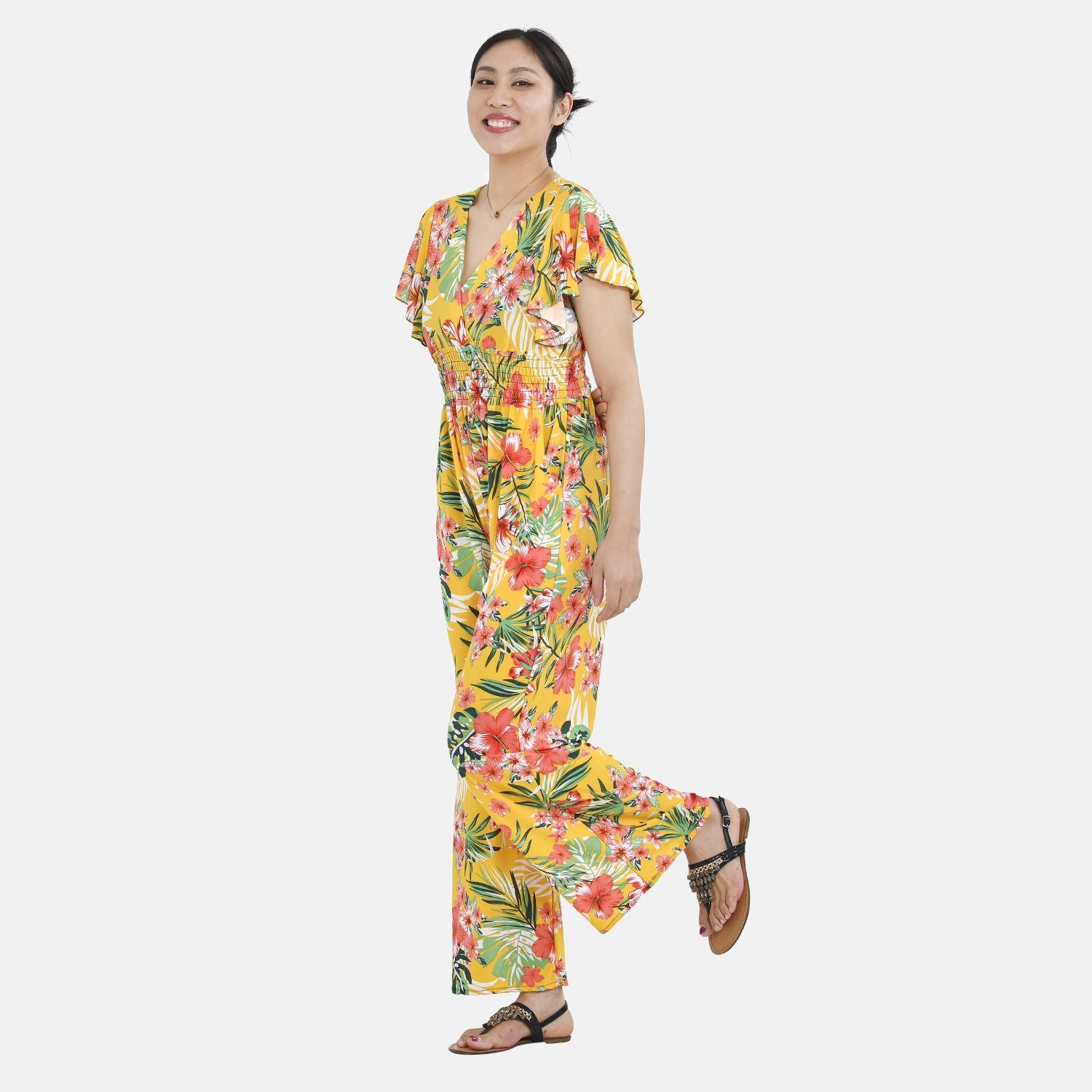 Jumpsuit mit gesmokter Taille und Flatterärmel, gelbes Blumenmuster