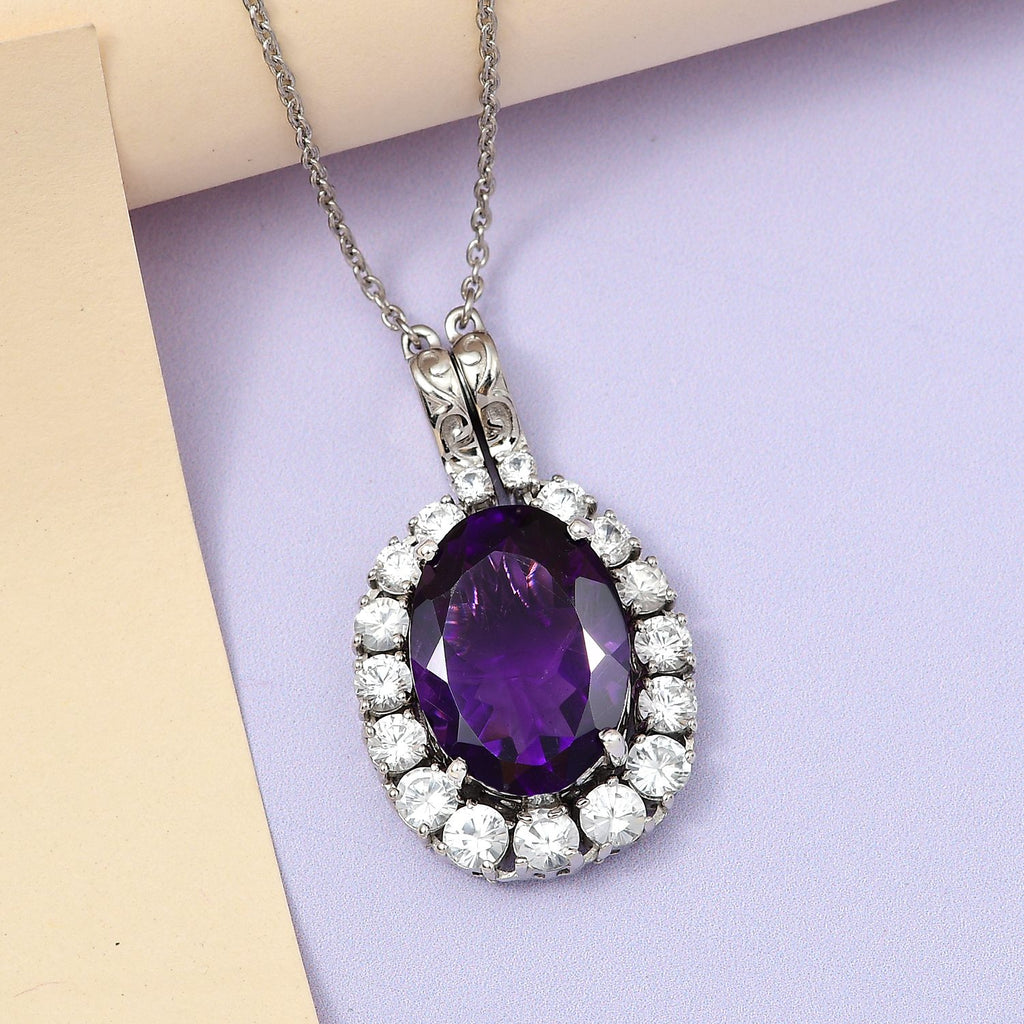 Afrikanischer Amethyst, weißer Zirkon Anhänger mit Kette, ca. 50 cm, 925 Silber platiniert ca. 14.26 ct